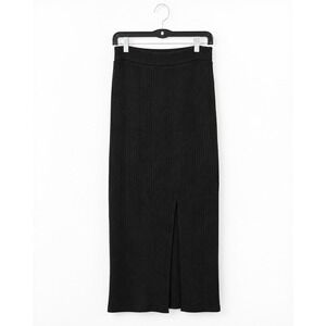 Zara Black Ribbed Knit Midi Skirt Front Slit Size Medium